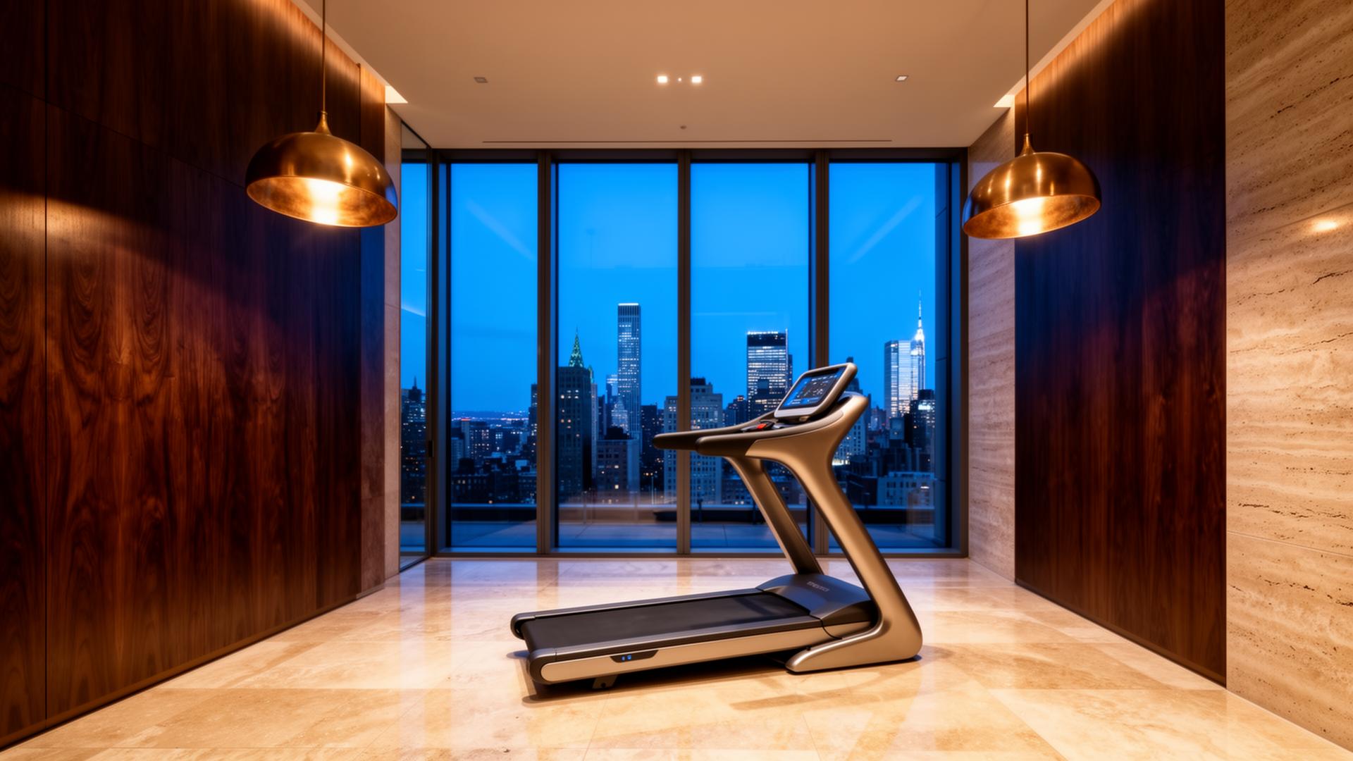 Suíte de bem-estar em penthouse — esteira premium como objeto arquitetônico